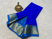 Wonderful Royal Blue semi mysore silk sarees with price and online shopping price under 1000 . this Fabric most popular and best product in blue color , this fabric semi mysore silk with golden zari weaving saree .